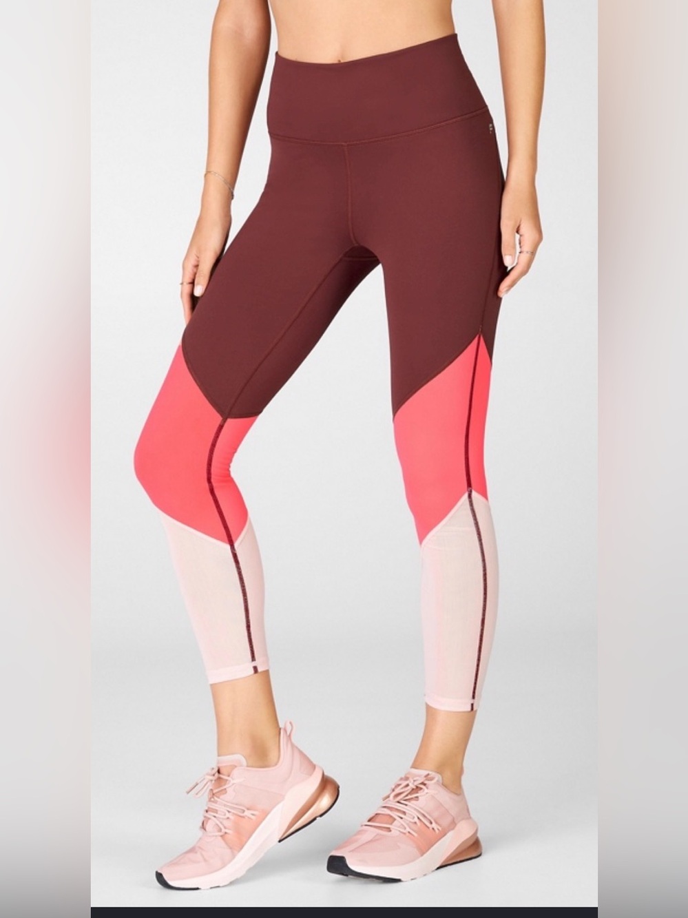 Fabletics Colorblock High-Rise Ankle Leggings in Maroon, Coral & Blush